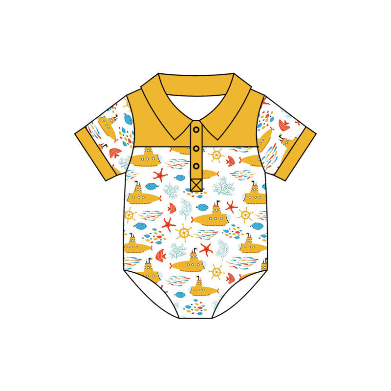 Yellow submarine short sleeves baby boy polo romper