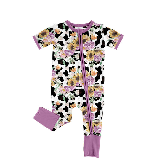 Lavender cow print floral baby girls zipper romper