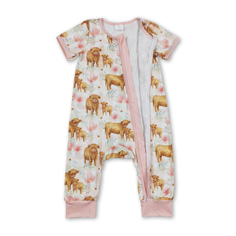 Short sleeves highland cow floral baby girls zipper romper