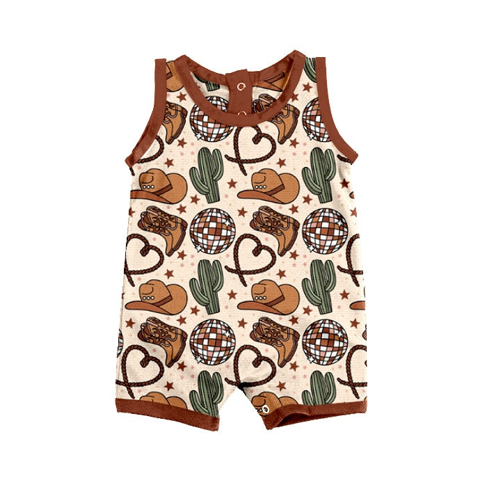 Brown sleeveless boots hat cactus baby boy western romper