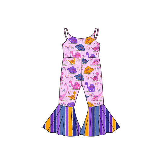 Sleeveless dinosaur stripe girls bell bottom jumpsuit