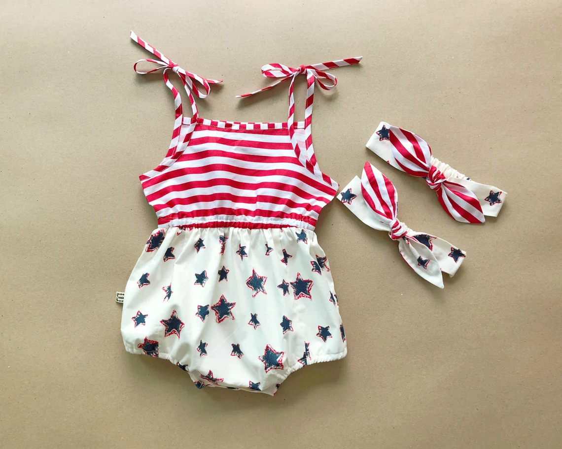 Strap stripe stars baby girls 4th of july romper