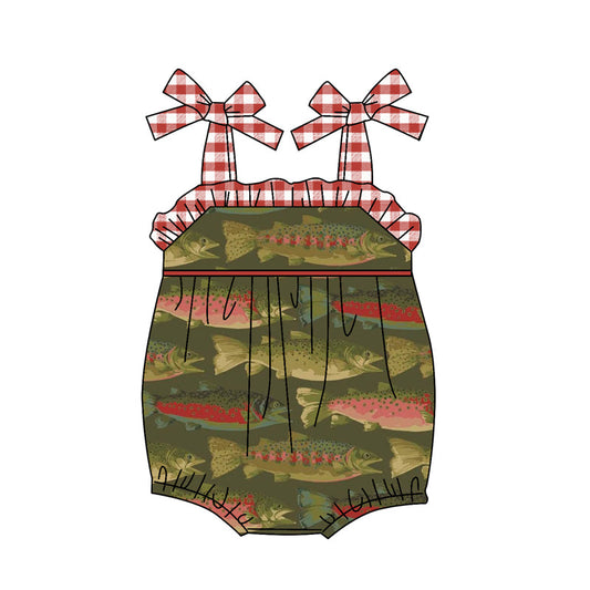 Red plaid straps fish baby girls romper