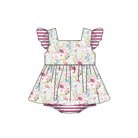 Flutter sleeves floral stripe baby girls summer romper