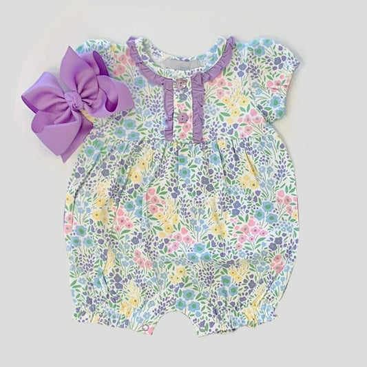 Lavender floral short sleeves baby girls spring romper