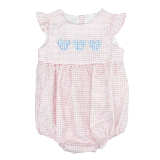 Pink plaid flutter sleeves mouse baby girls romper