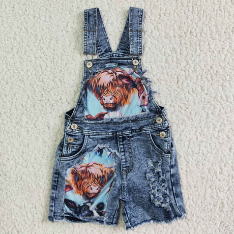 Highland cow denim jeans baby girls overalls