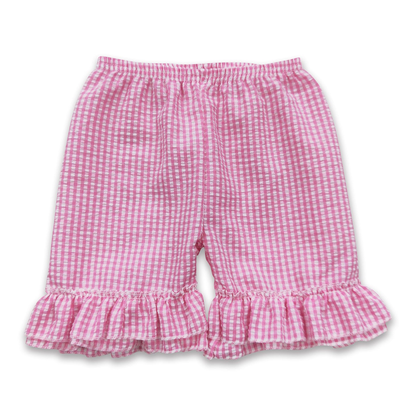 Pink plaid seesucker ruffle baby girls shorts