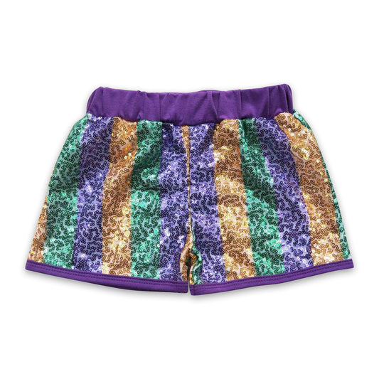 Purple gold green stripe sequin girls Mardi gras shorts