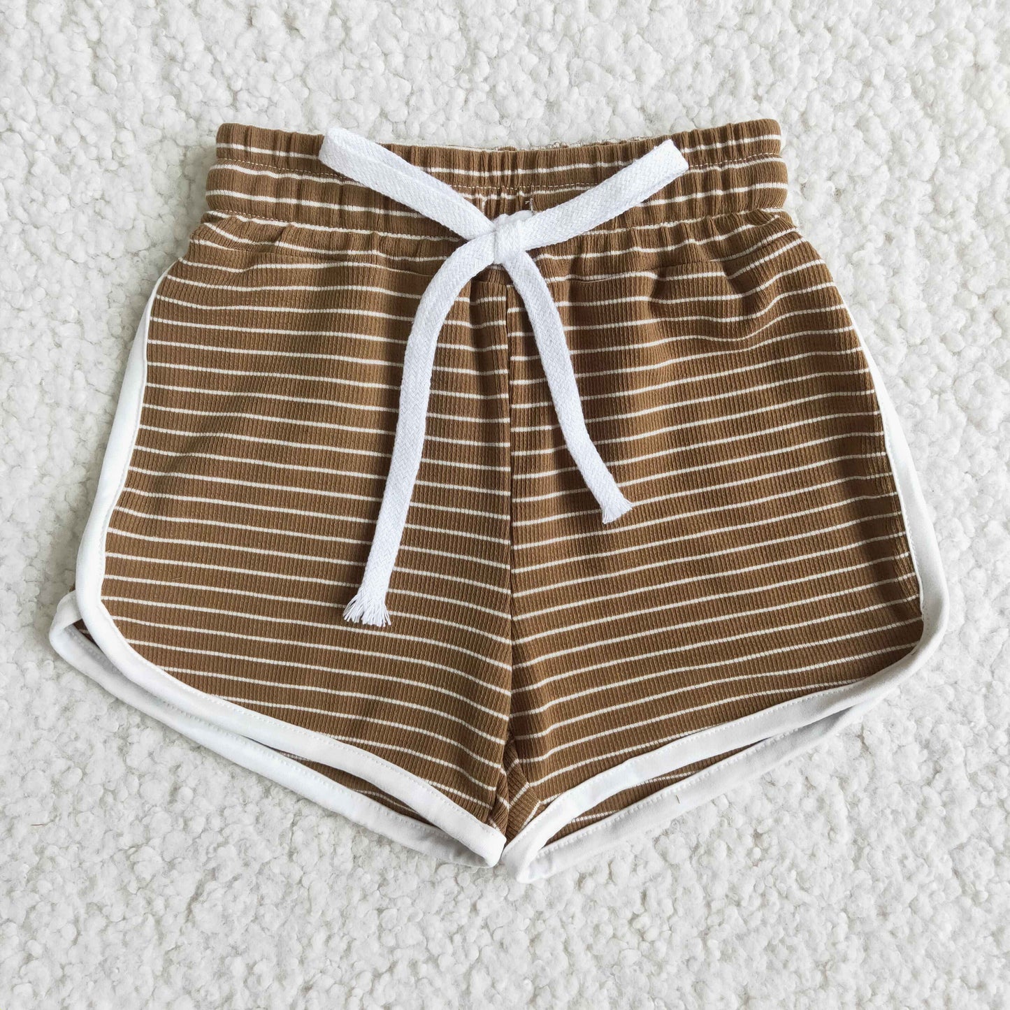 High quanlity cotton dark brown stripe drawstring girls summer shorts