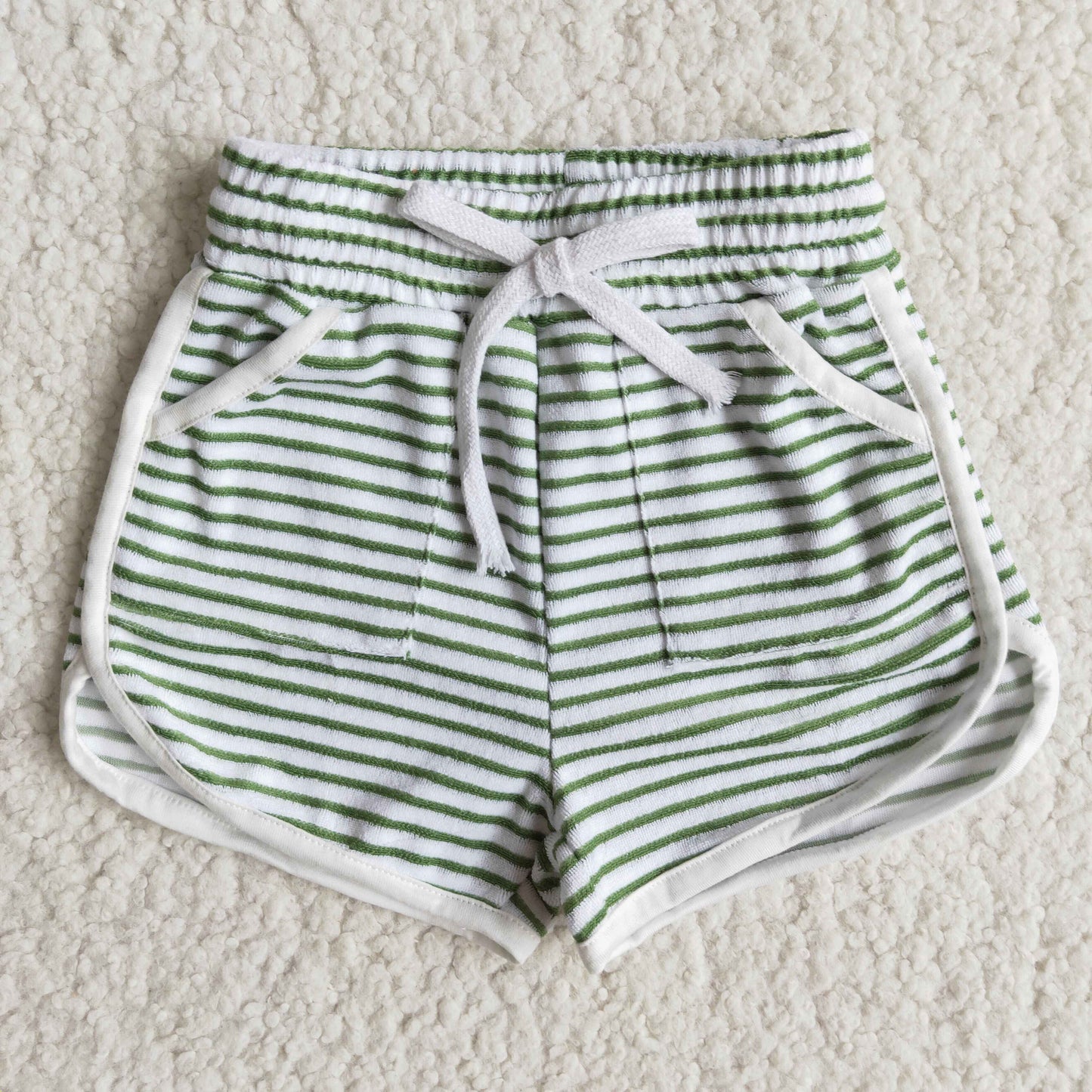 High quanlity cotton green towel fabric stripe drawstring girls summer shorts