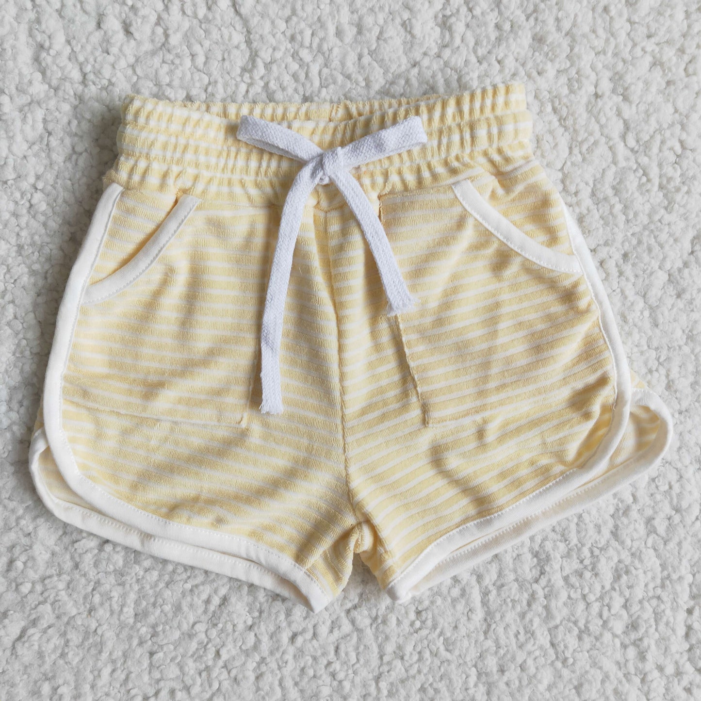 High quanlity cotton yellow towel fabric stripe drawstring girls summer shorts