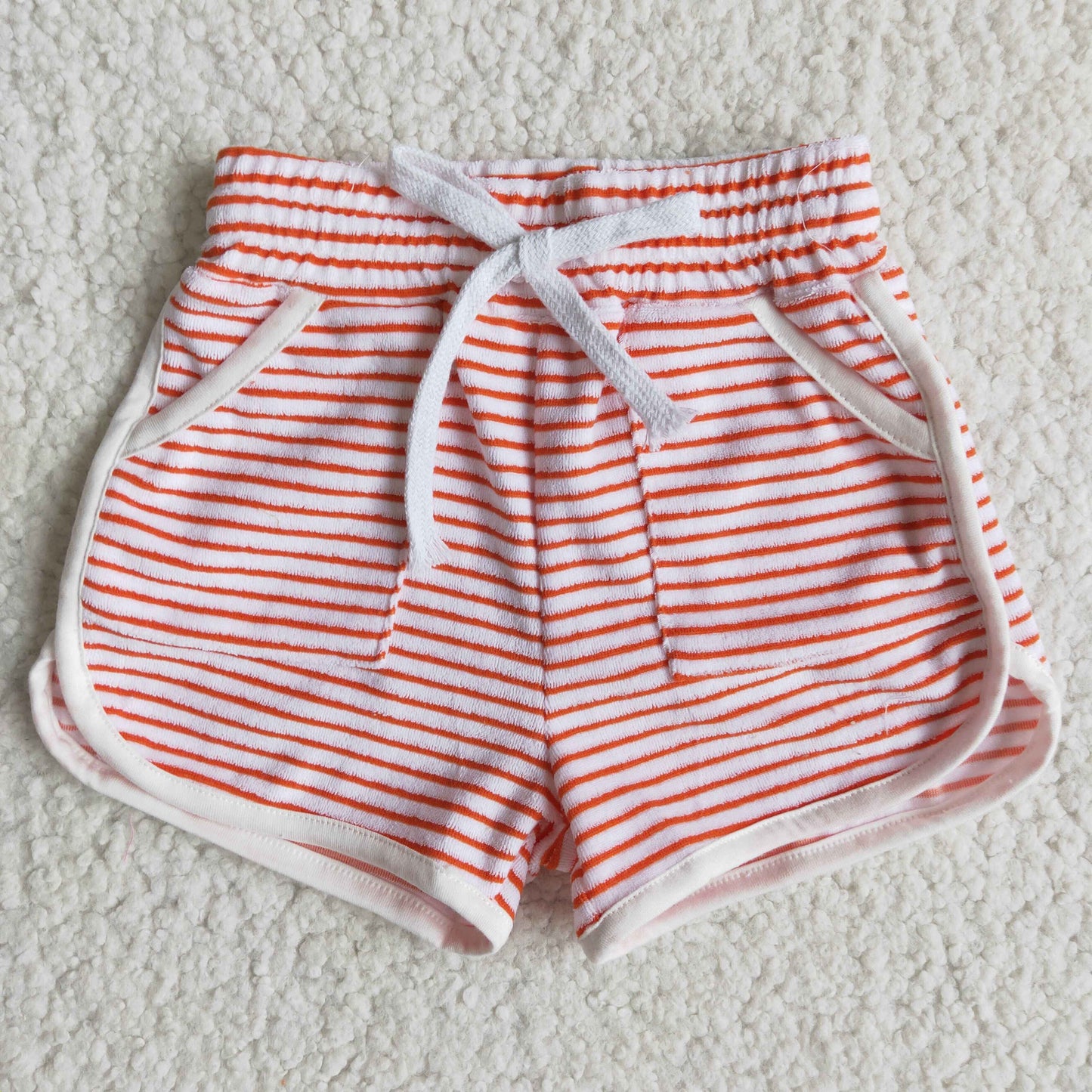 High quanlity cotton red towel fabric stripe drawstring girls summer shorts