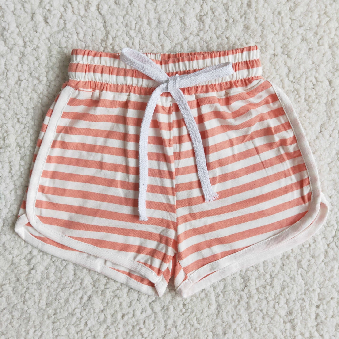 High quanlity cotton peach white stripe drawstring girls summer shorts
