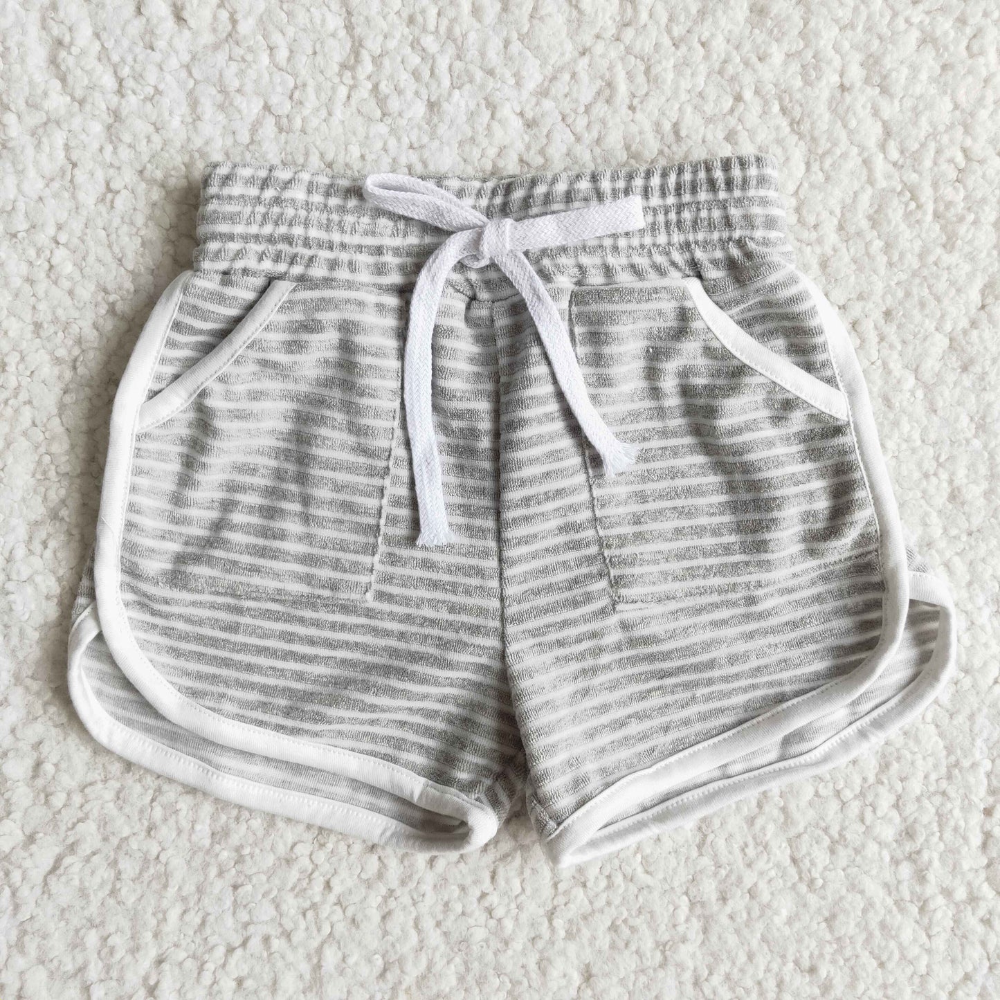 High quanlity cotton gray towel fabric stripe drawstring girls summer shorts