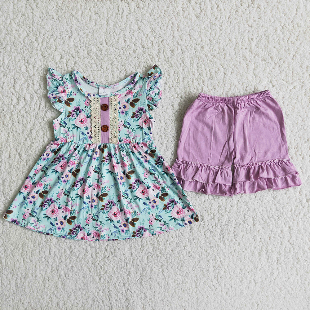 Girl floral tunic ruffle shorts outfit