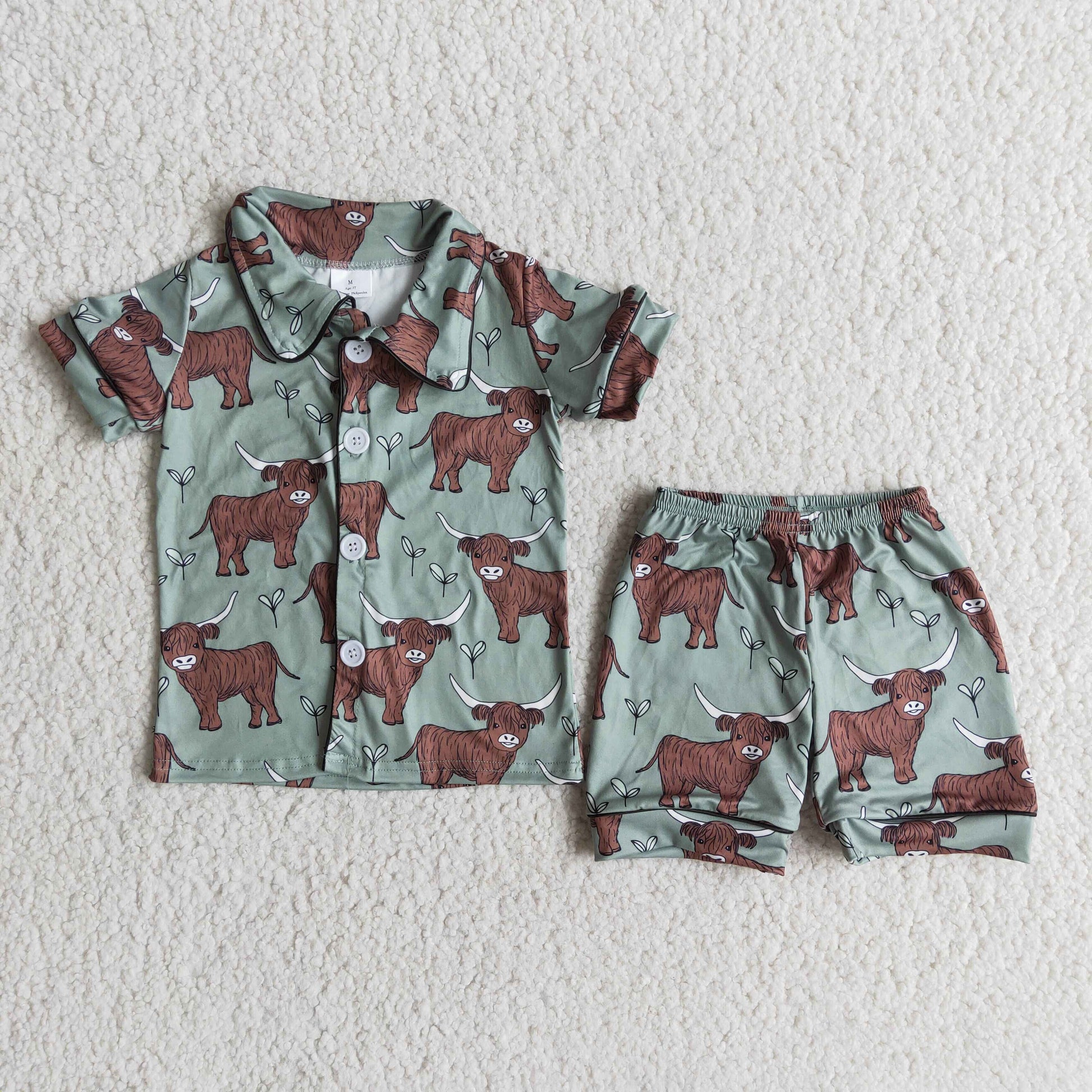 Green cow print boy short sleeve shorts summer pajamas – Yawoo Garments