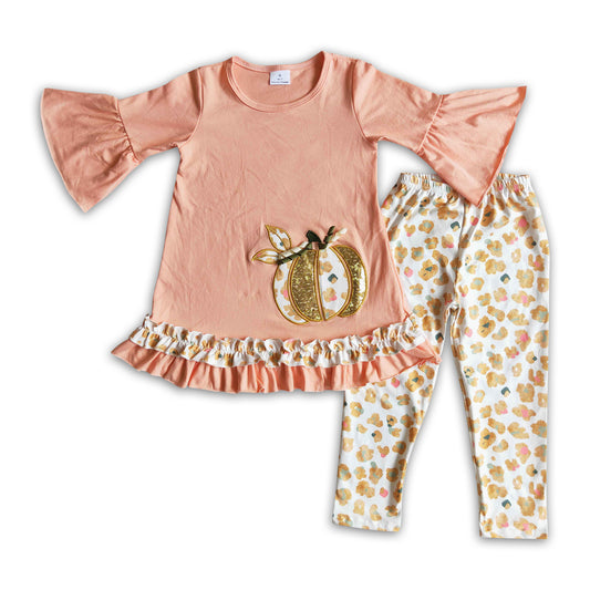 Sequin pumpkin embroidery leopard leggings girls fall clothing